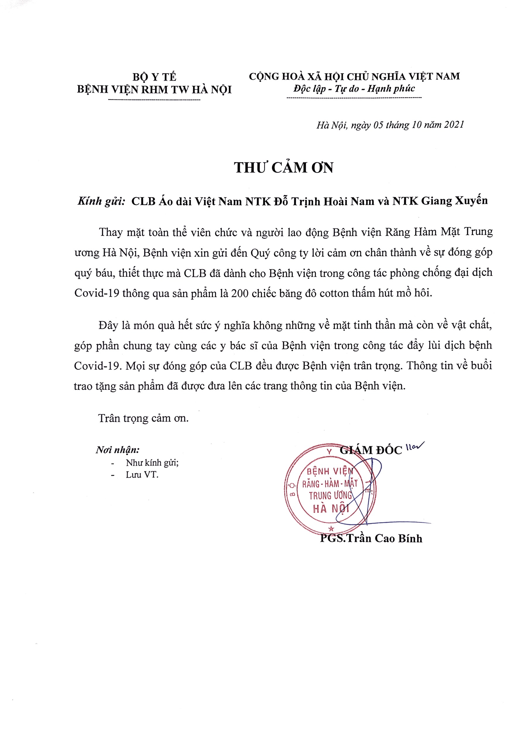THƯ CẢM ƠN CLB ÁO DÀI VIỆT NAM NTK ĐỖ TRỊNH HOÀI NAM, GIANG XUYẾN